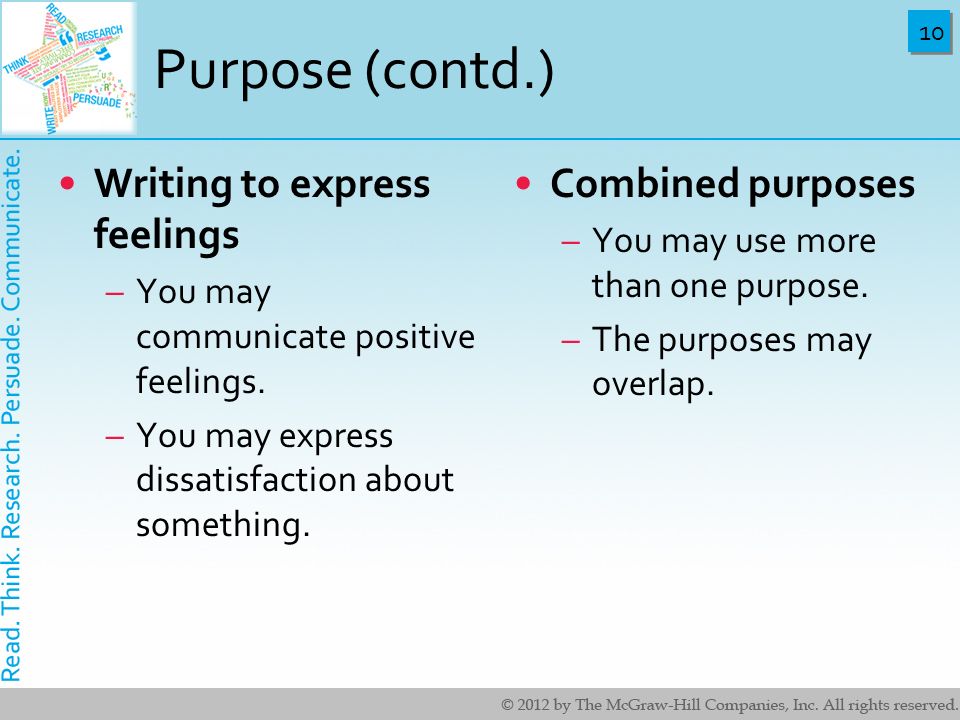 Purpose (contd.) Writing to express feelings Combined purposes