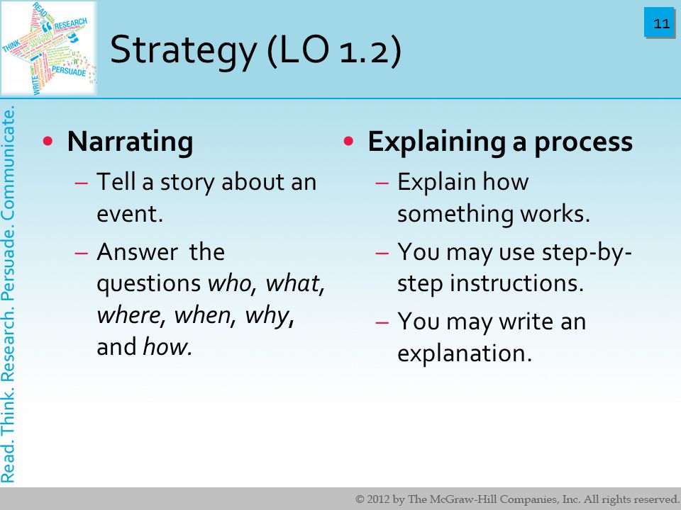Strategy (LO 1.2) Narrating Explaining a process