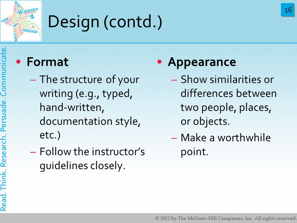 Design (contd.) Format Appearance