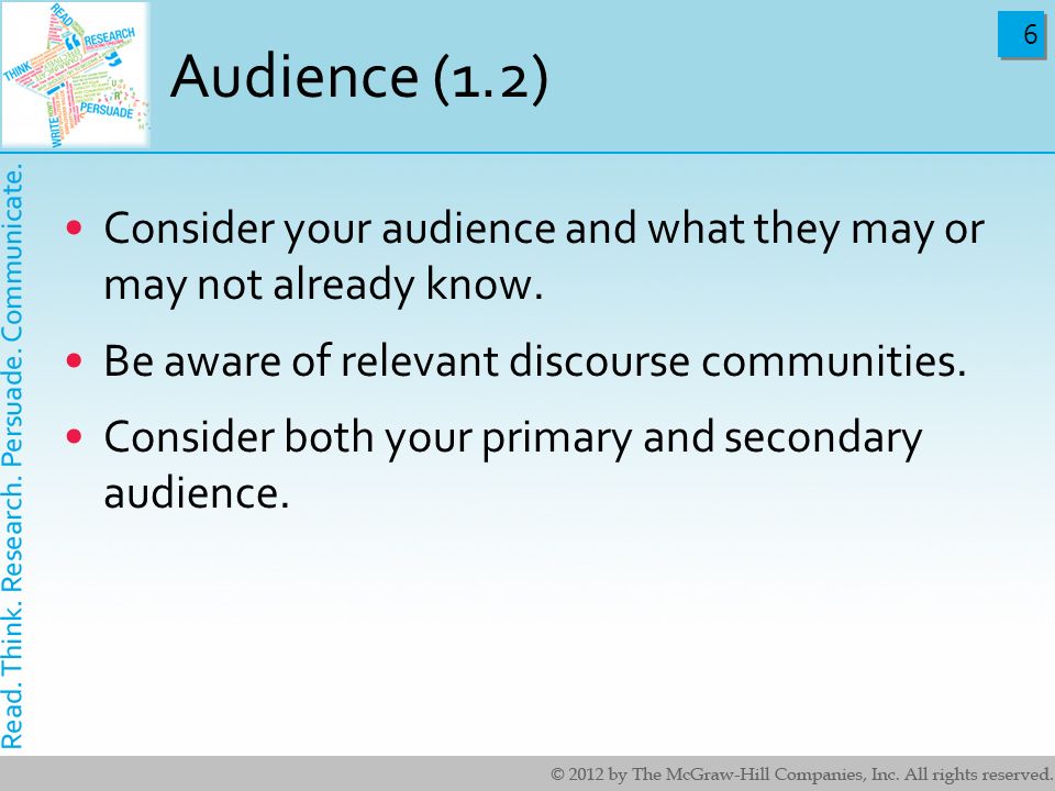 Audience (1.2) Consider your audience and what they may or may not already know. Be aware of relevant discourse communities.