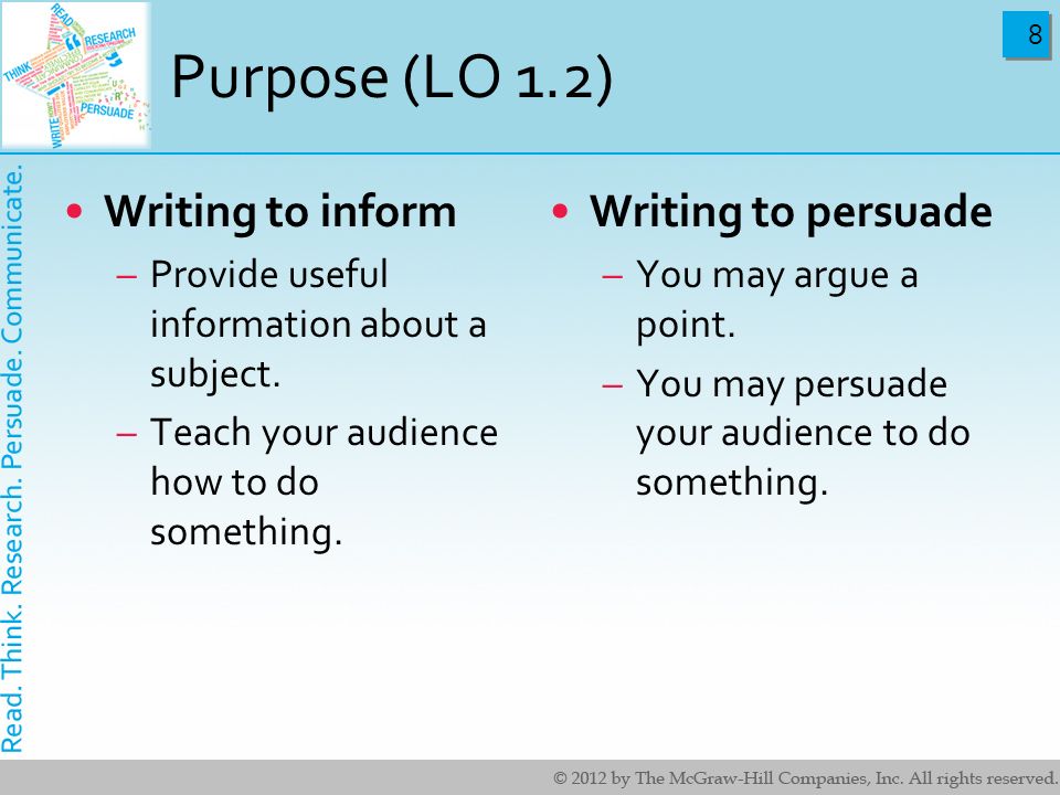 Purpose (LO 1.2) Writing to inform Writing to persuade