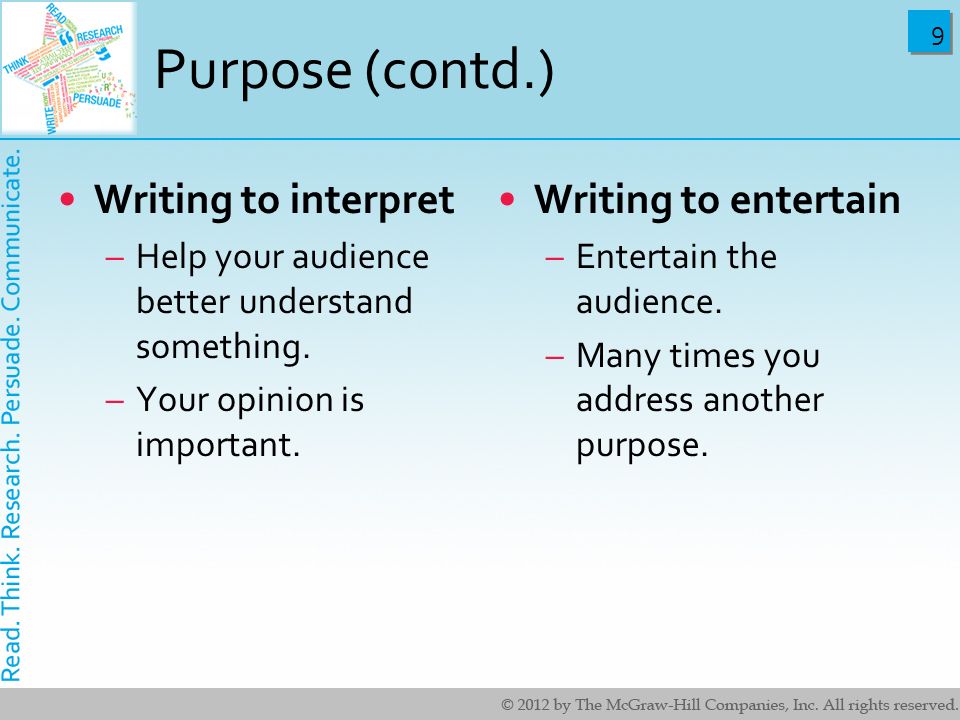 Purpose (contd.) Writing to interpret Writing to entertain