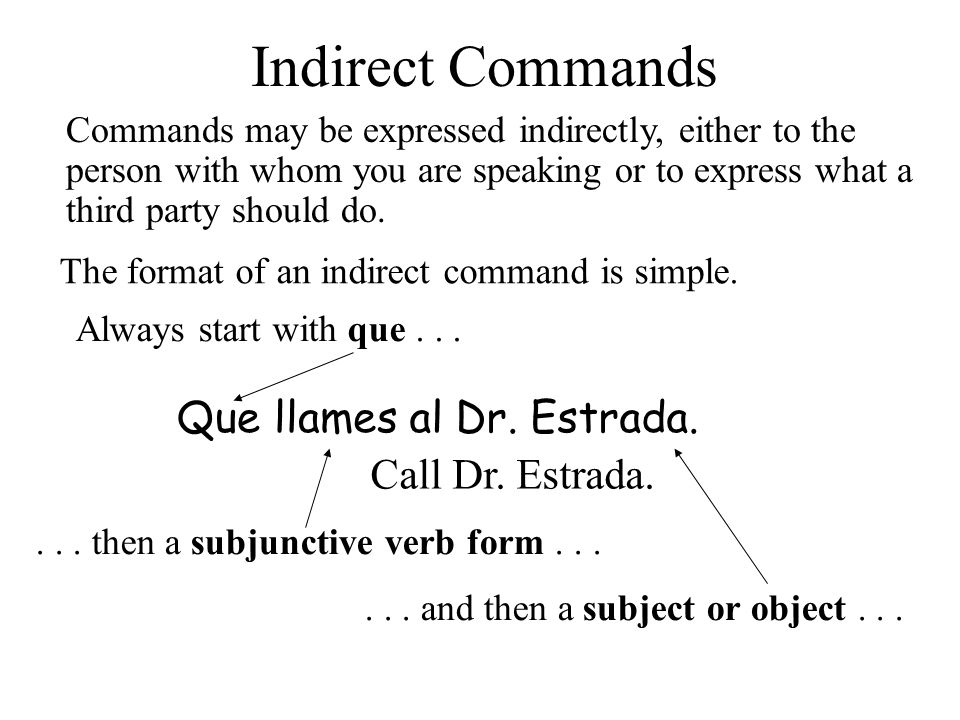 Indirect Commands Que llames al Dr. Estrada. Call Dr. Estrada.