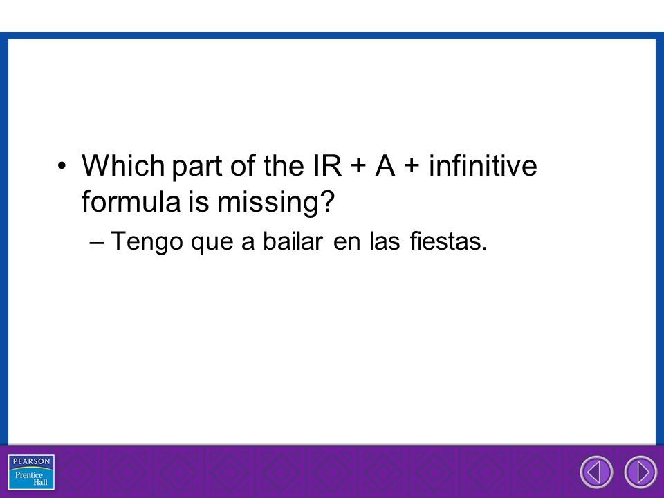 Which part of the IR + A + infinitive formula is missing