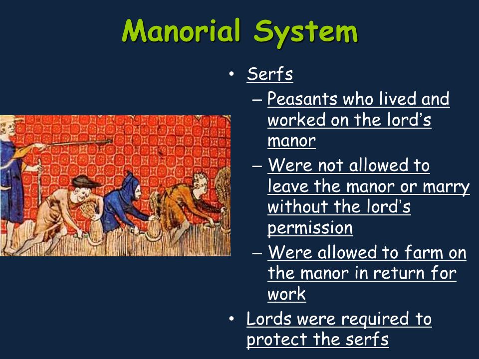 Manorial System Serfs. Peasants who lived and worked on the lord’s manor.