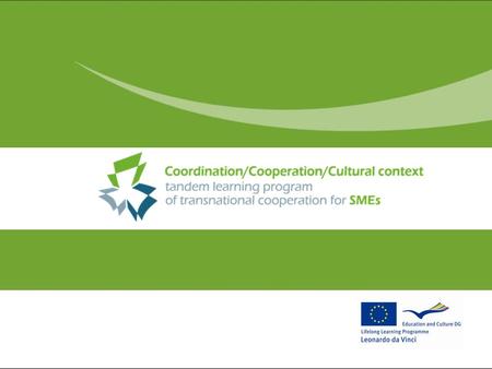 Project outline 3xC – coordination, cooperation, cultural context – tandem learning program of transnational cooperation for SMEs The 3xC project will.
