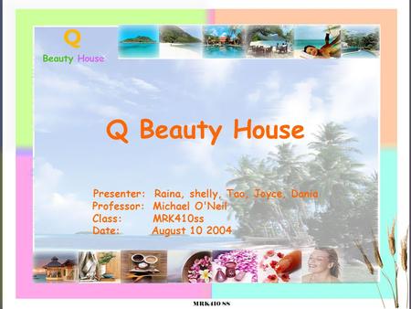Q Beauty House Presenter: Raina, shelly, Tao, Joyce, Dania Professor: Michael O'Neil Class: MRK410ss Date: August 10 2004.