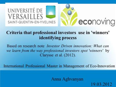 International Professional Master in Management of Eco-Innovation