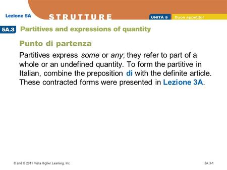 Punto di partenza Partitives express some or any; they refer to part of a whole or an undefined quantity. To form the partitive in Italian, combine the.