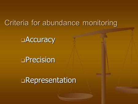 Criteria for abundance monitoring Accuracy Accuracy Precision Precision Representation Representation.