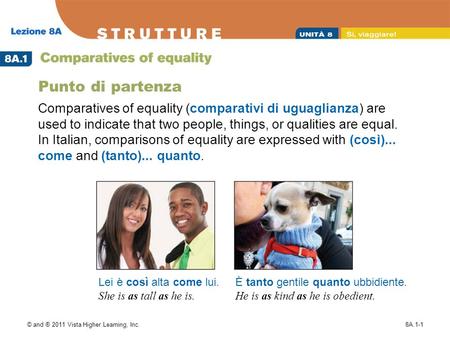 © and ® 2011 Vista Higher Learning, Inc.8A.1-1 Punto di partenza Comparatives of equality (comparativi di uguaglianza) are used to indicate that two people,