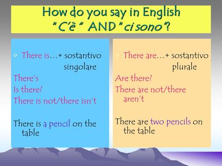 How do you say in EnglishCè AND ci sono? There is…+ sostantivo singolare Theres Is there? There is not/there isnt There is a pencil on the table There.