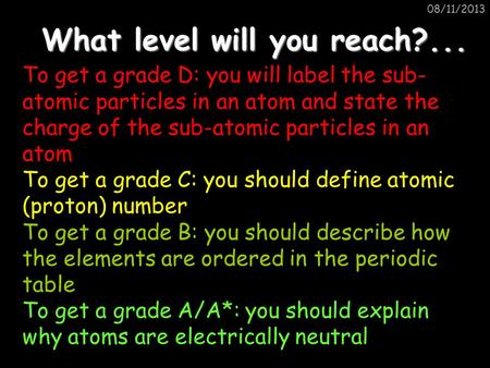 08/11/2013 What level will you reach?... To get a grade D: you will label the sub- atomic particles in an atom and state the charge of the sub-atomic particles.