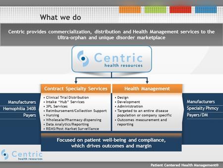 Patient Centered Health Management® What we do Centric provides commercialization, distribution and Health Management services to the Ultra-orphan and.