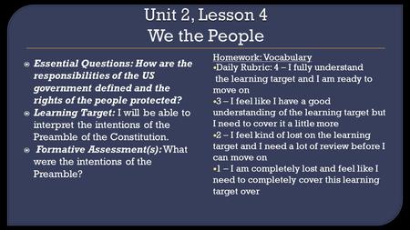 Essential Questions: How are the responsibilities of the US government defined and the rights of the people protected? Learning Target: I will be able.
