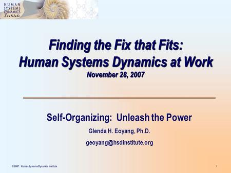 © 2007. Human Systems Dynamics Institute. 1 Finding the Fix that Fits: Human Systems Dynamics at Work November 28, 2007 Self-Organizing: Unleash the Power.