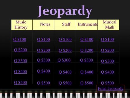 Jeopardy Music History NotesStaffInstruments Musical Math Q $100 Q $200 Q $300 Q $400 Q $500 Q $100 Q $200 Q $300 Q $400 Q $500 Final Jeopardy.