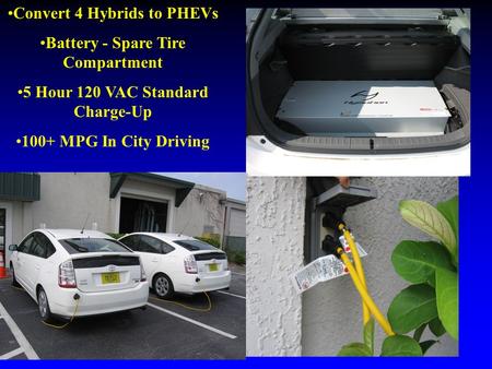 Convert 4 Hybrids to PHEVs Battery - Spare Tire Compartment 5 Hour 120 VAC Standard Charge-Up 100+ MPG In City Driving.