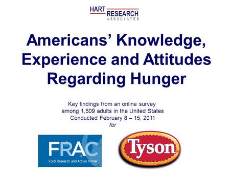 Americans Knowledge, Experience and Attitudes Regarding Hunger Key findings from an online survey among 1,509 adults in the United States Conducted February.