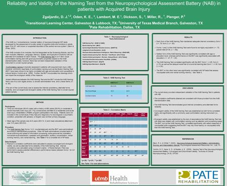 Reliability and Validity of the Naming Test from the Neuropsychological Assessment Battery (NAB) in patients with Acquired Brain Injury Zgaljardic, D.