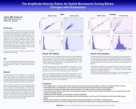 The Amplitude-Velocity Ratios for Eyelid Movements During Blinks: Changes with Drowsiness Johns, MW, Tucker, AJ Sleep Diagnostics Pty Ltd Melbourne, Australia.