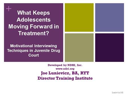 + What Keeps Adolescents Moving Forward in Treatment? Motivational Interviewing Techniques in Juvenile Drug Court Developed by NDRI, Inc. www.ndri.org.