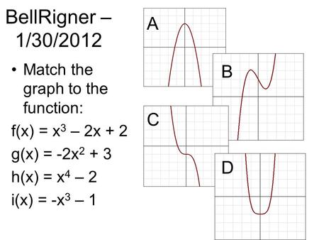 BellRigner – 1/30/2012 Match the graph to the function: f(x) = x 3 – 2x + 2 g(x) = -2x 2 + 3 h(x) = x 4 – 2 i(x) = -x 3 – 1 A B C D.