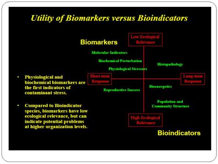 1.Biochemical biomarkers Based on the ability of the pollutant to generate a response at the gene level, inducing or increasing specific enzymes involved.