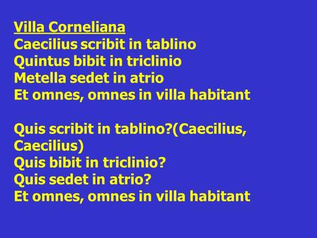 Villa Corneliana Caecilius scribit in tablino Quintus bibit in triclinio Metella sedet in atrio Et omnes, omnes in villa habitant Quis scribit in tablino?	(Caecilius,
