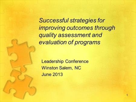 Successful strategies for improving outcomes through quality assessment and evaluation of programs Leadership Conference Winston Salem, NC June 2013 1.