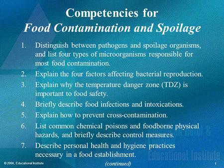 Competencies for Food Contamination and Spoilage