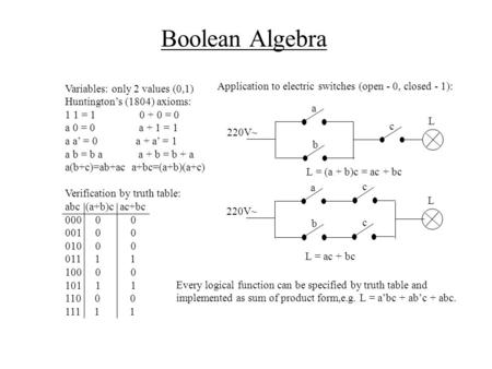 Boolean Algebra Variables: only 2 values (0,1)