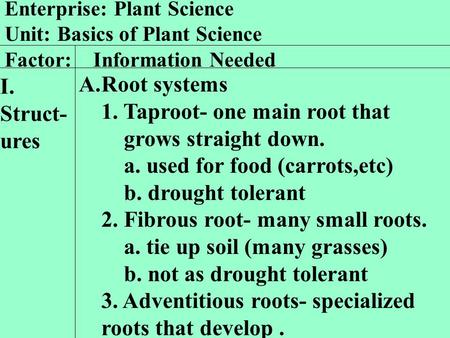 1. Taproot- one main root that grows straight down.