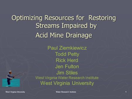 West Virginia UniversityWater Research Institute1 Optimizing Resources for Restoring Streams Impaired by Acid Mine Drainage Paul Ziemkiewicz Todd Petty.