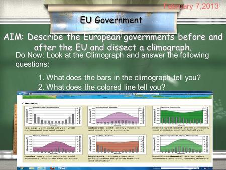 EU Government AIM: Describe the European governments before and after the EU and dissect a climograph. Do Now: Look at the Climograph and answer the following.