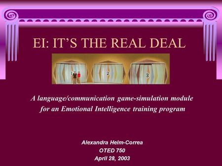 EI: ITS THE REAL DEAL A language/communication game-simulation module for an Emotional Intelligence training program Alexandra Helm-Correa OTED 750 April.