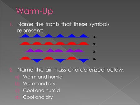 1. Name the fronts that these symbols represent: 2. Name the air mass characterized below: a) Warm and humid b) Warm and dry c) Cool and humid d) Cool.