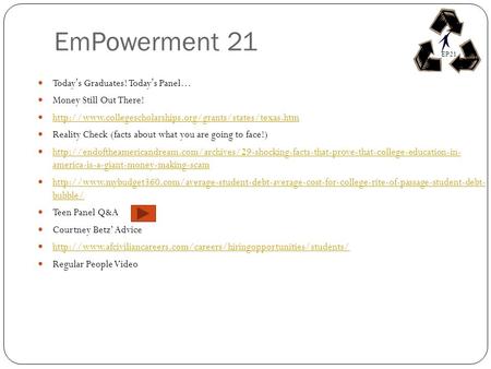 EmPowerment 21 Todays Graduates! Todays Panel… Money Still Out There!  Reality Check (facts about.