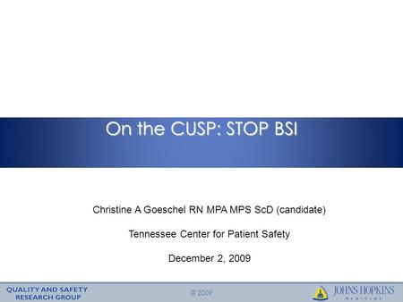 © 2009 On the CUSP: STOP BSI Christine A Goeschel RN MPA MPS ScD (candidate) Tennessee Center for Patient Safety December 2, 2009.