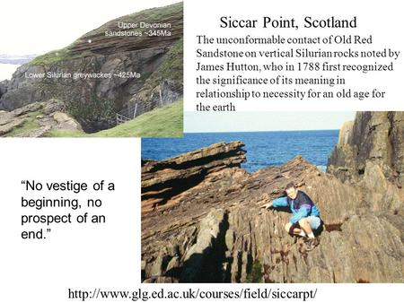 Siccar Point, Scotland The unconformable contact of Old Red Sandstone on vertical Silurian rocks noted by James Hutton, who in 1788 first recognized the.