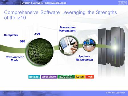 System z Software – SouthWest Europe © 2008 IBM Corporation 1 Comprehensive Software Leveraging the Strengths of the z10 Compilers DB2 Development Tools.