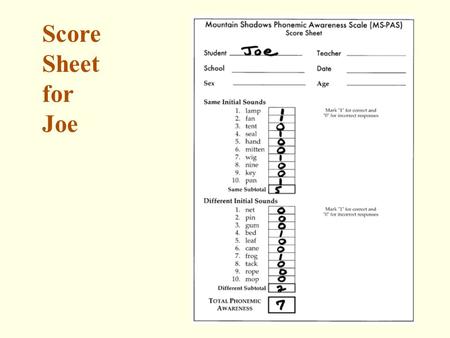 Score Sheet for Joe. MS-PAS Norms Page 15 Results.