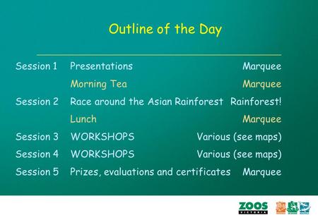 Outline of the Day Session 1Presentations Marquee Morning TeaMarquee Session 2Race around the Asian Rainforest Rainforest! LunchMarquee Session 3 WORKSHOPSVarious.