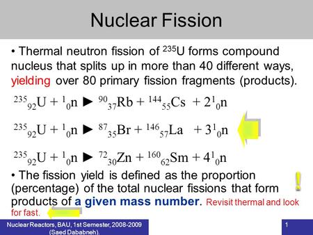 ! Nuclear Fission 23592U + 10n ► 9037Rb Cs + 210n