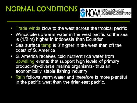 Blow to the west across the tropical pacificTrade winds blow to the west across the tropical pacific Winds pile up warm water in the west pacific so the.