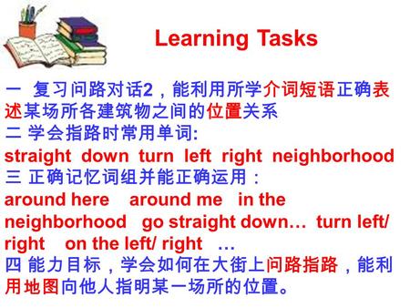 Learning Tasks 一 复习问路对话2，能利用所学介词短语正确表述某场所各建筑物之间的位置关系  二 学会指路时常用单词: