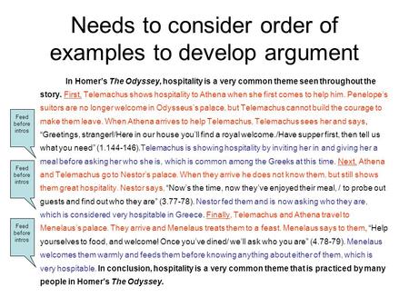 Needs to consider order of examples to develop argument In Homers The Odyssey, hospitality is a very common theme seen throughout the story. First, Telemachus.