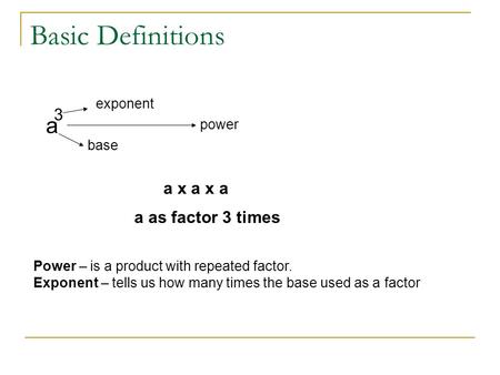 Basic Definitions a 3 a x a x a a as factor 3 times exponent power