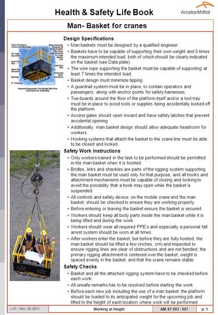 Man- Basket for cranes Design Specifications Safety Work Instructions