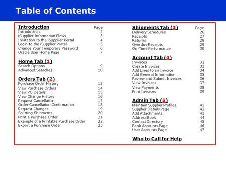 Table of Contents Shipments Tab (3) Page Introduction Page